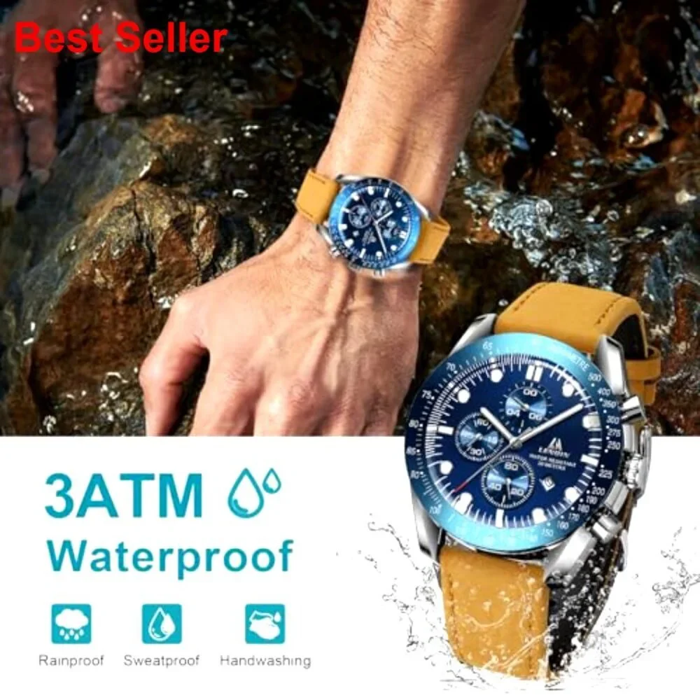 Leather Analog Quartz Watch with Date, Luminous, 30M Waterproof